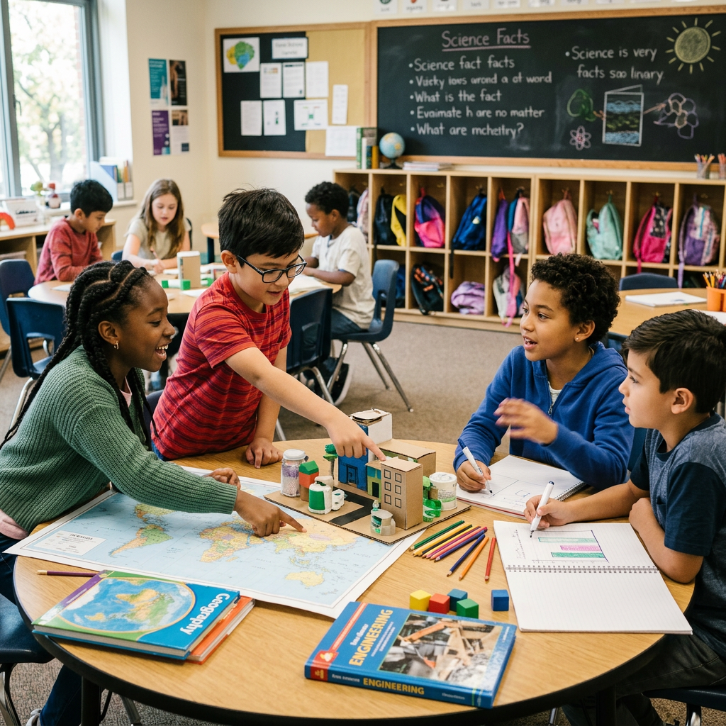Four elementary students discussing a map and model buildings around a table with books and colored pencils